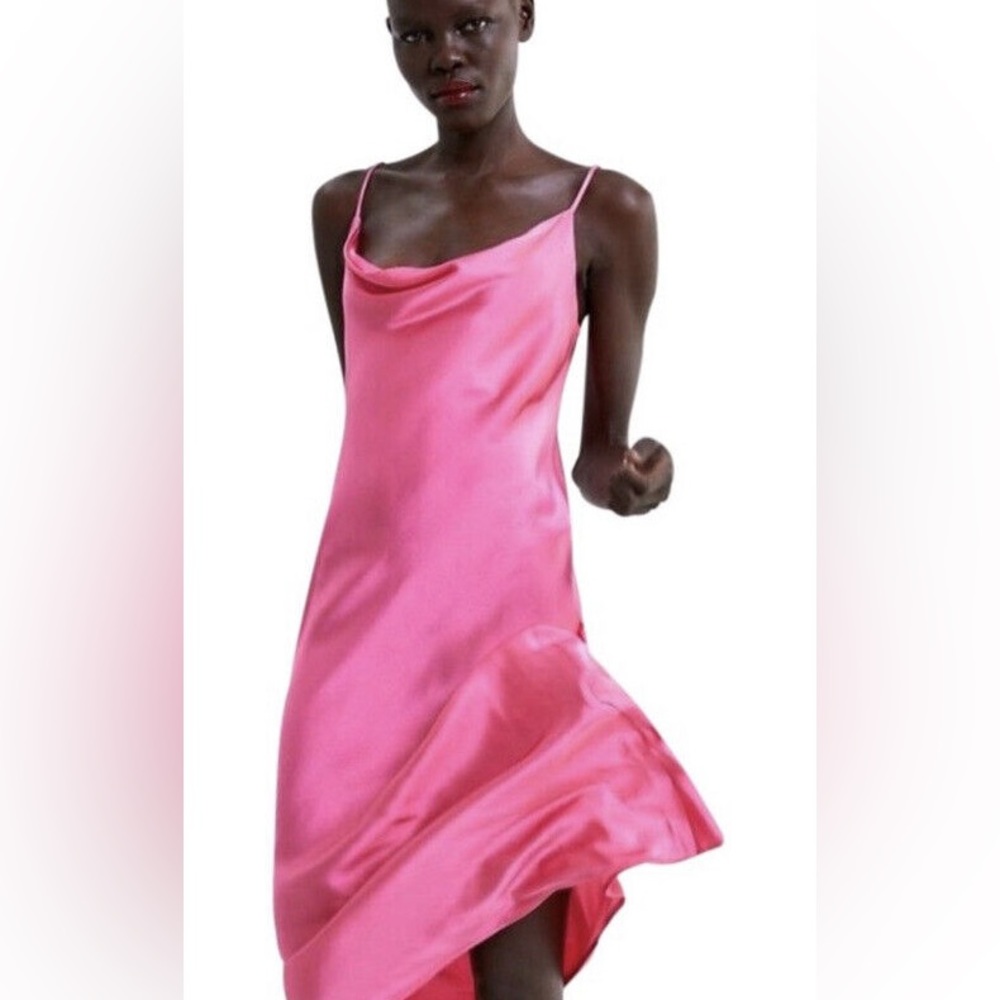 Zara bright pink silky slip midi dress